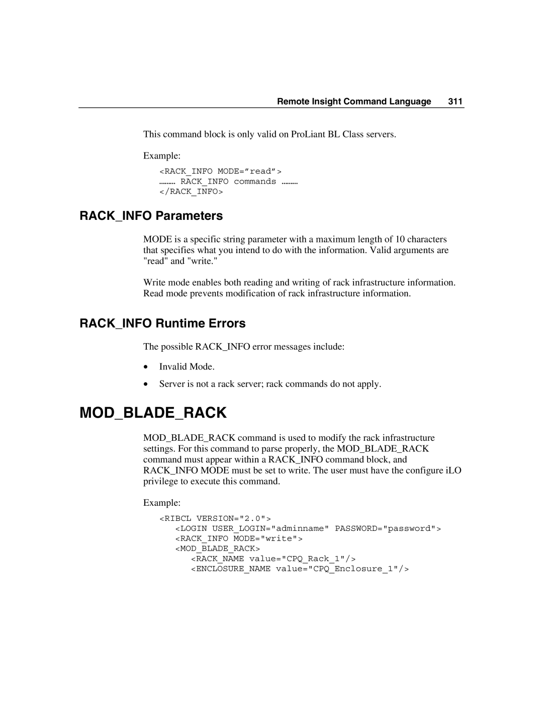 HP Integrated Lights-Out manual Modbladerack, Rackinfo Parameters, Rackinfo Runtime Errors 