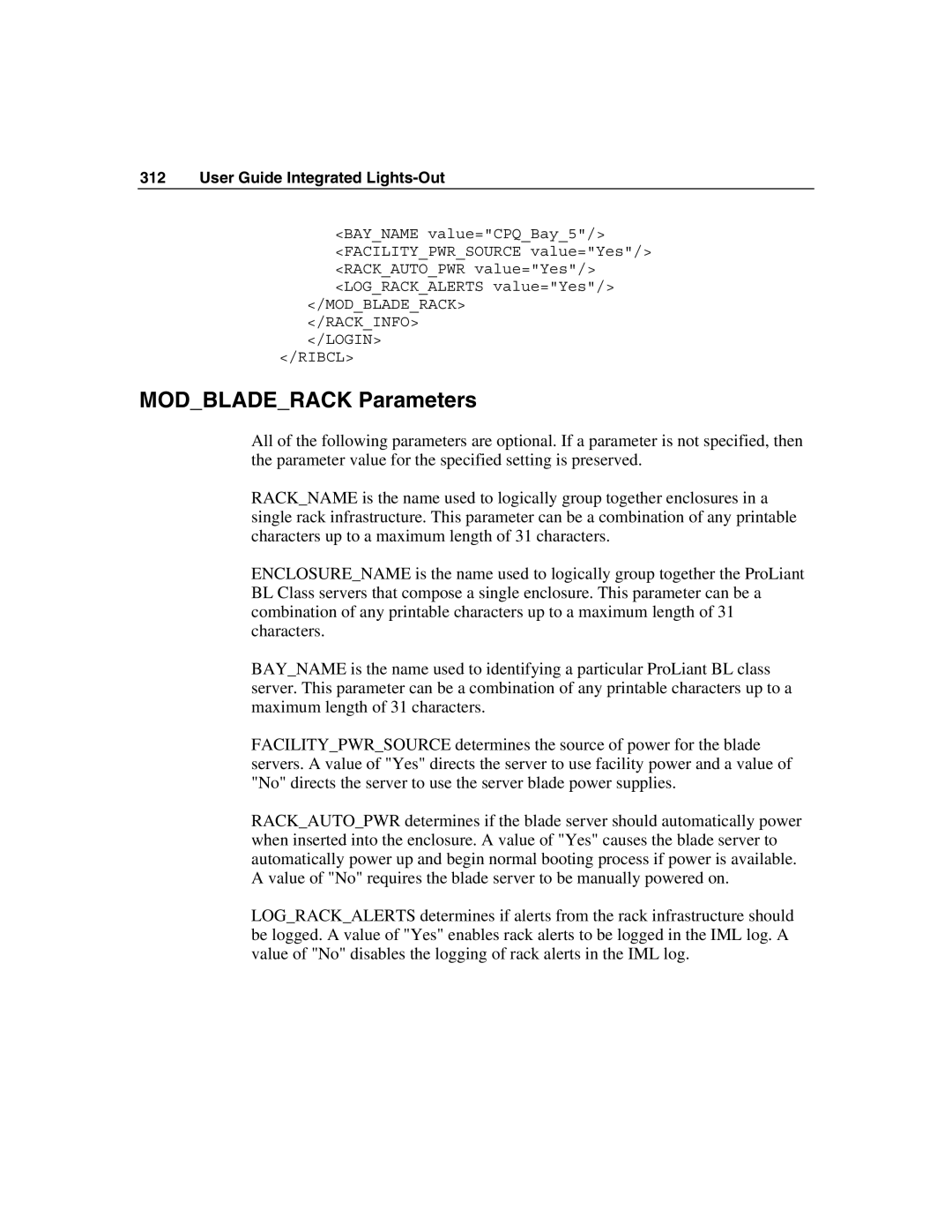 HP Integrated Lights-Out manual Modbladerack Parameters 