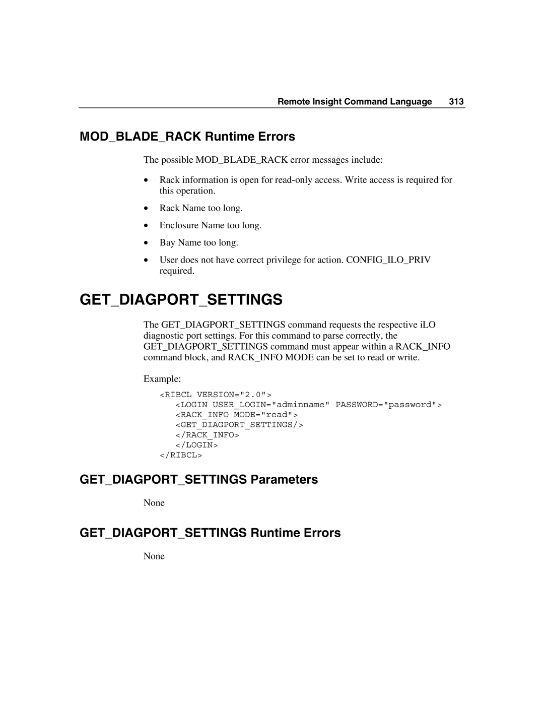 HP Integrated Lights-Out manual Modbladerack Runtime Errors, Getdiagportsettings Parameters 