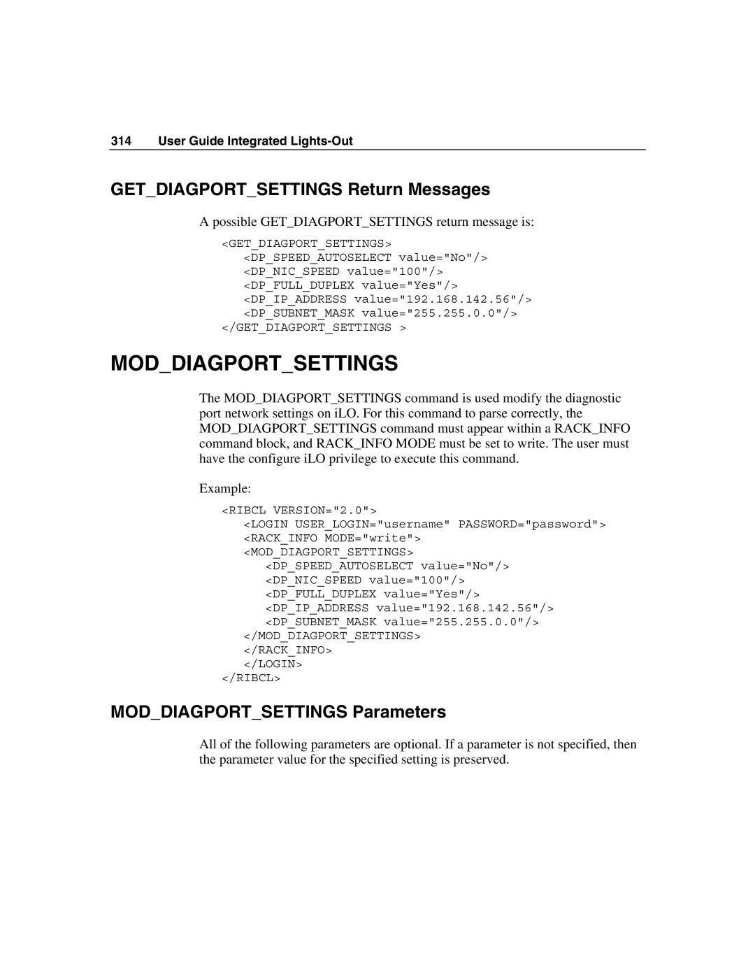 HP Integrated Lights-Out manual Getdiagportsettings Return Messages, Moddiagportsettings Parameters 