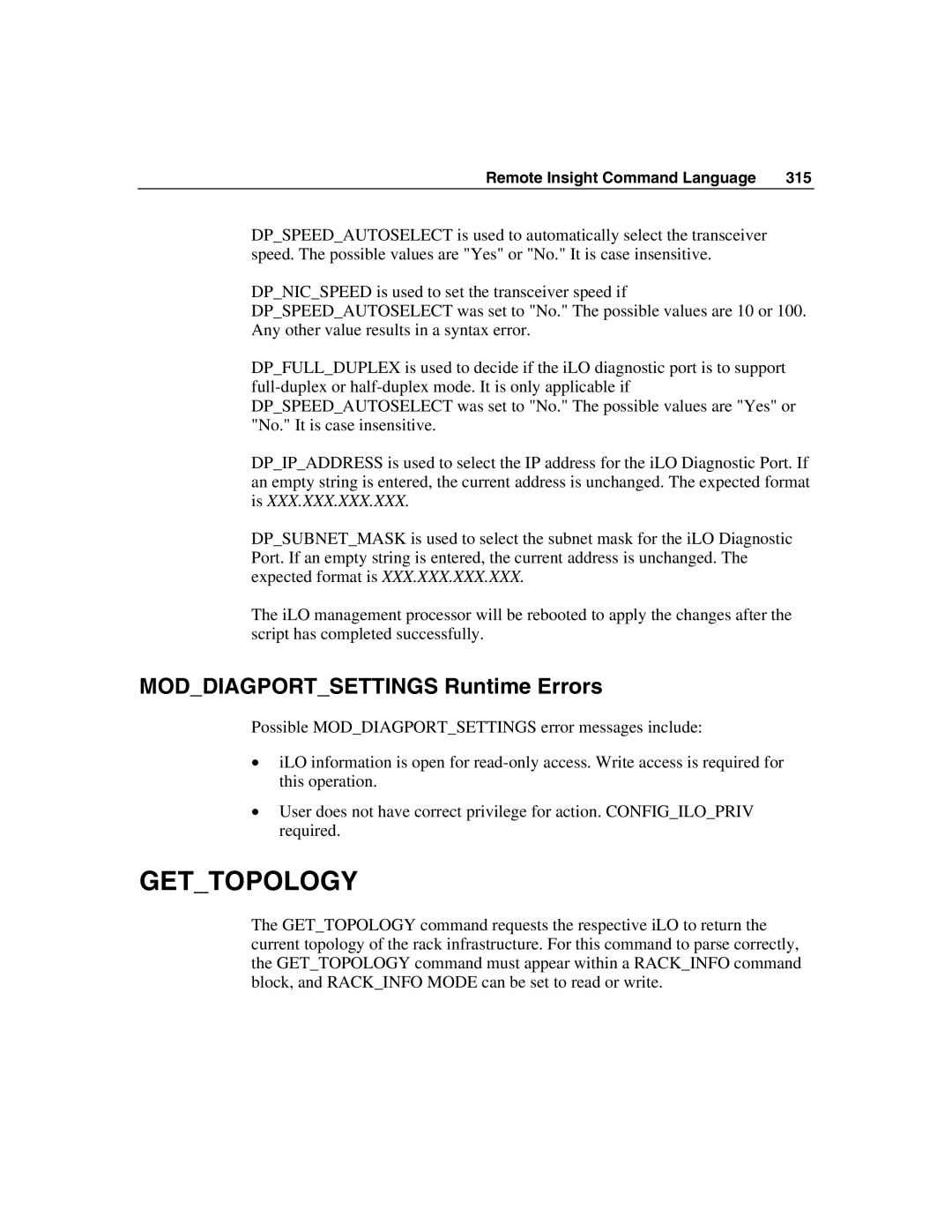 HP Integrated Lights-Out manual Gettopology, Moddiagportsettings Runtime Errors 