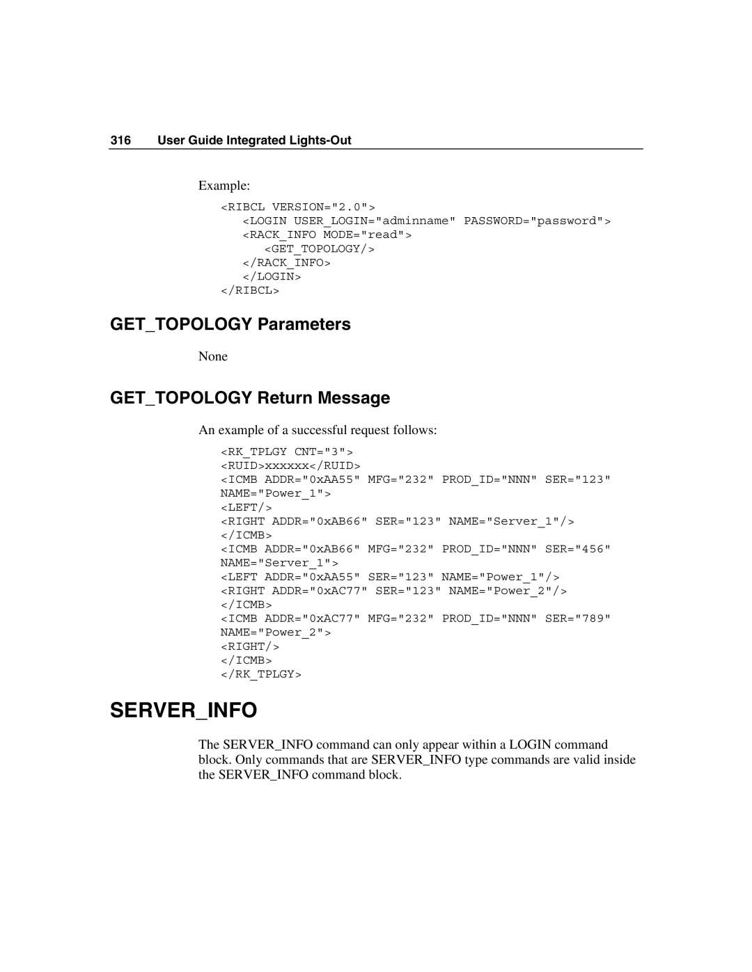 HP Integrated Lights-Out manual Serverinfo, Gettopology Parameters, Gettopology Return Message 