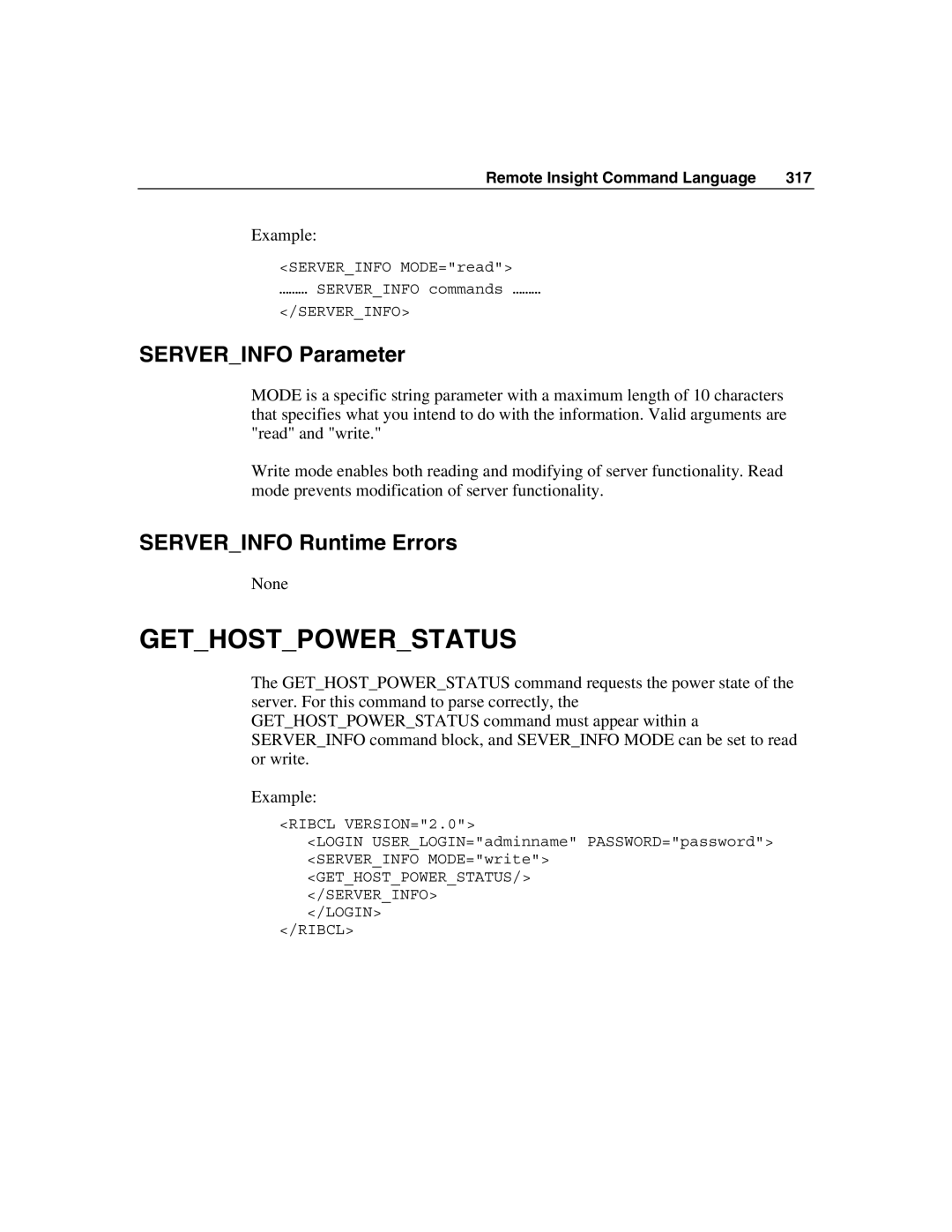 HP Integrated Lights-Out manual Gethostpowerstatus, Serverinfo Parameter, Serverinfo Runtime Errors 