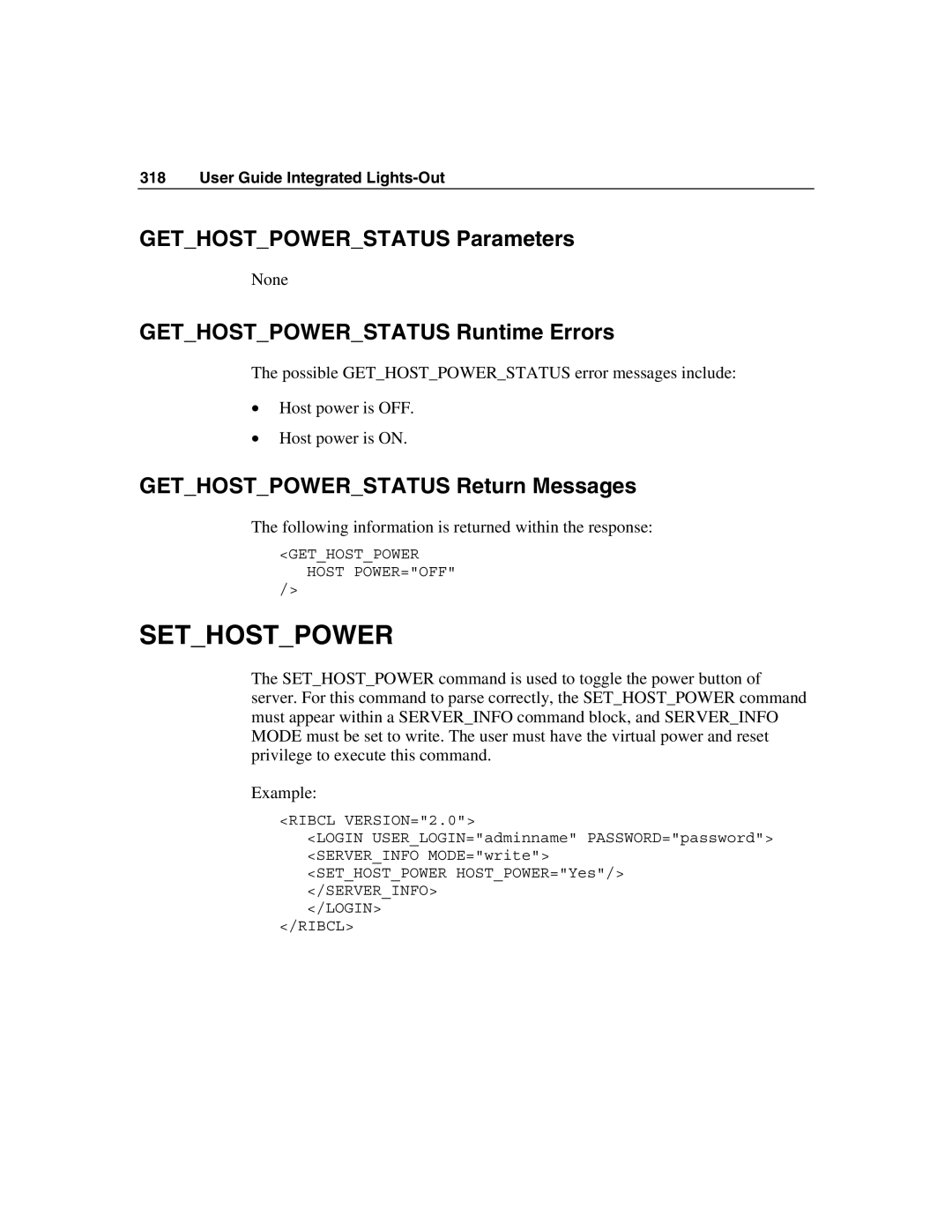 HP Integrated Lights-Out manual Sethostpower, Gethostpowerstatus Parameters, Gethostpowerstatus Runtime Errors 