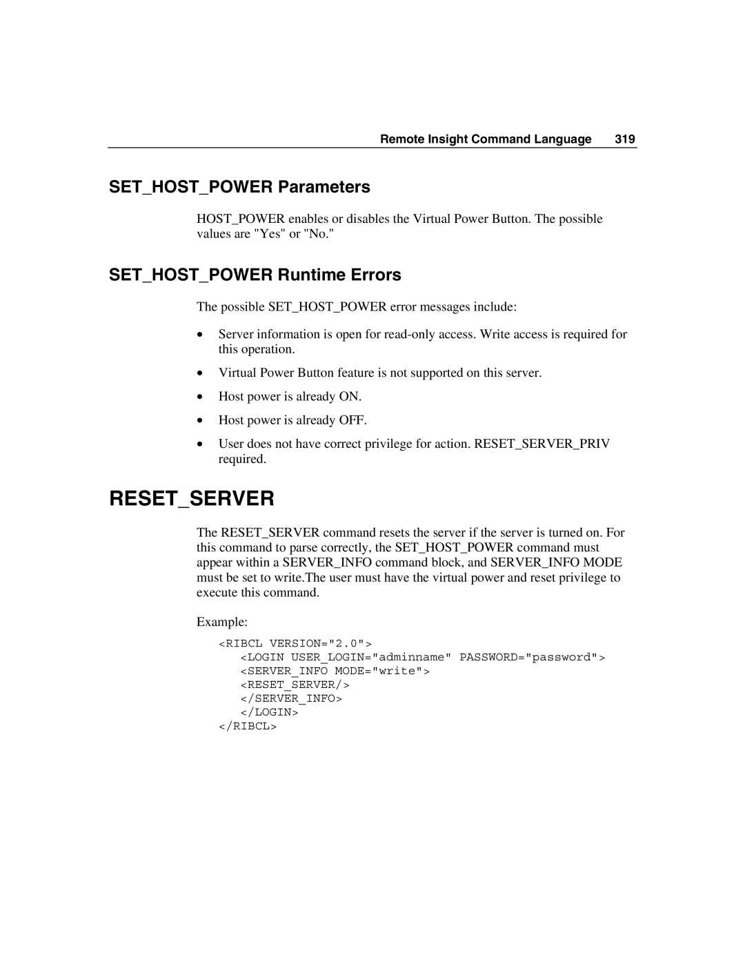 HP Integrated Lights-Out manual Resetserver, Sethostpower Parameters, Sethostpower Runtime Errors 