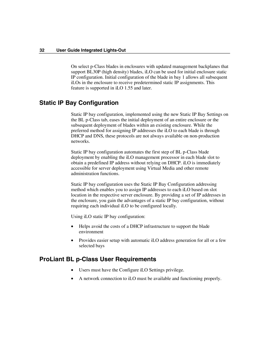 HP Integrated Lights-Out manual Static IP Bay Configuration, ProLiant BL p-Class User Requirements 