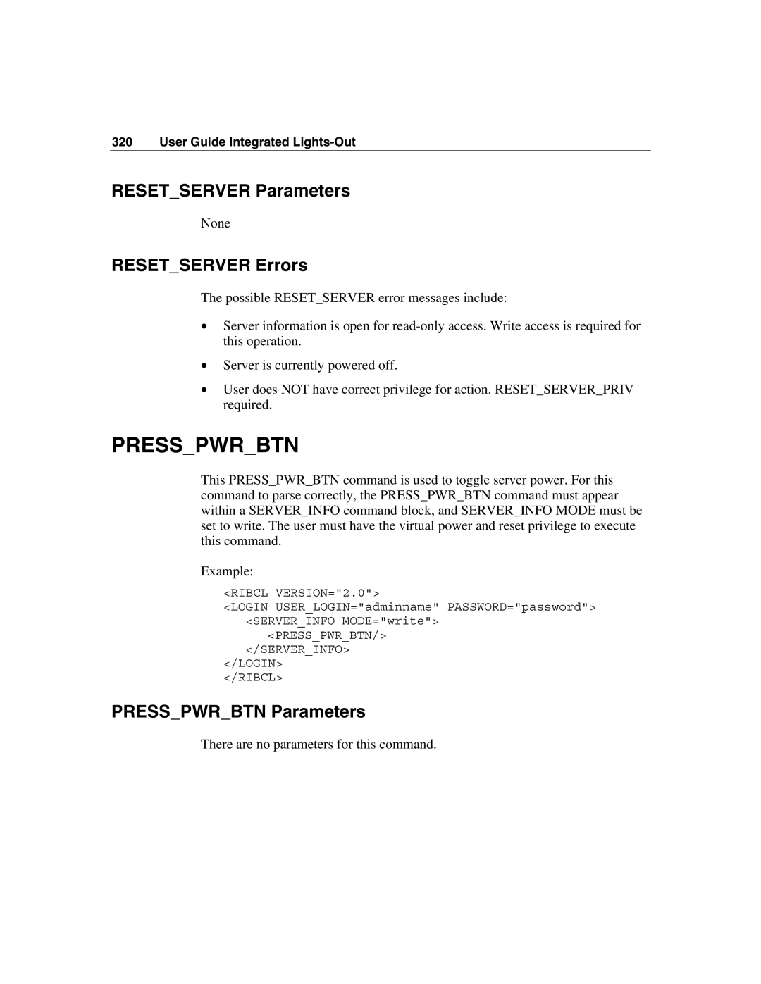 HP Integrated Lights-Out manual Resetserver Parameters, Resetserver Errors, Presspwrbtn Parameters 