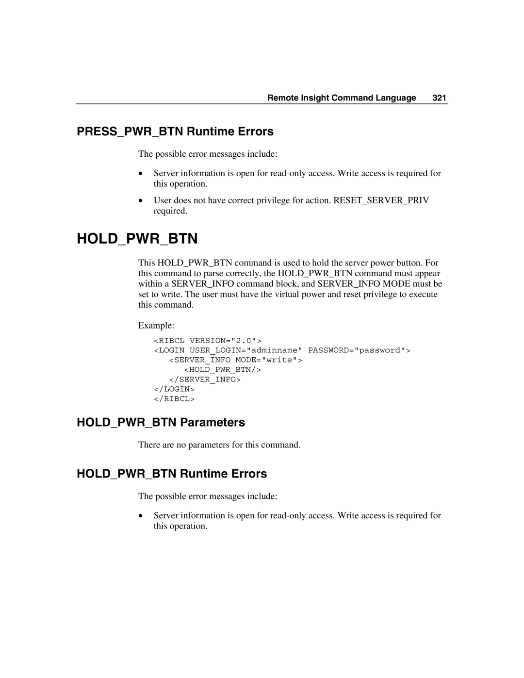 HP Integrated Lights-Out manual Presspwrbtn Runtime Errors, Holdpwrbtn Parameters, Holdpwrbtn Runtime Errors 