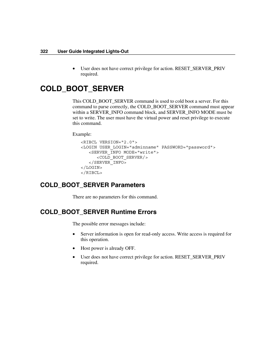 HP Integrated Lights-Out manual Coldbootserver Parameters, Coldbootserver Runtime Errors 