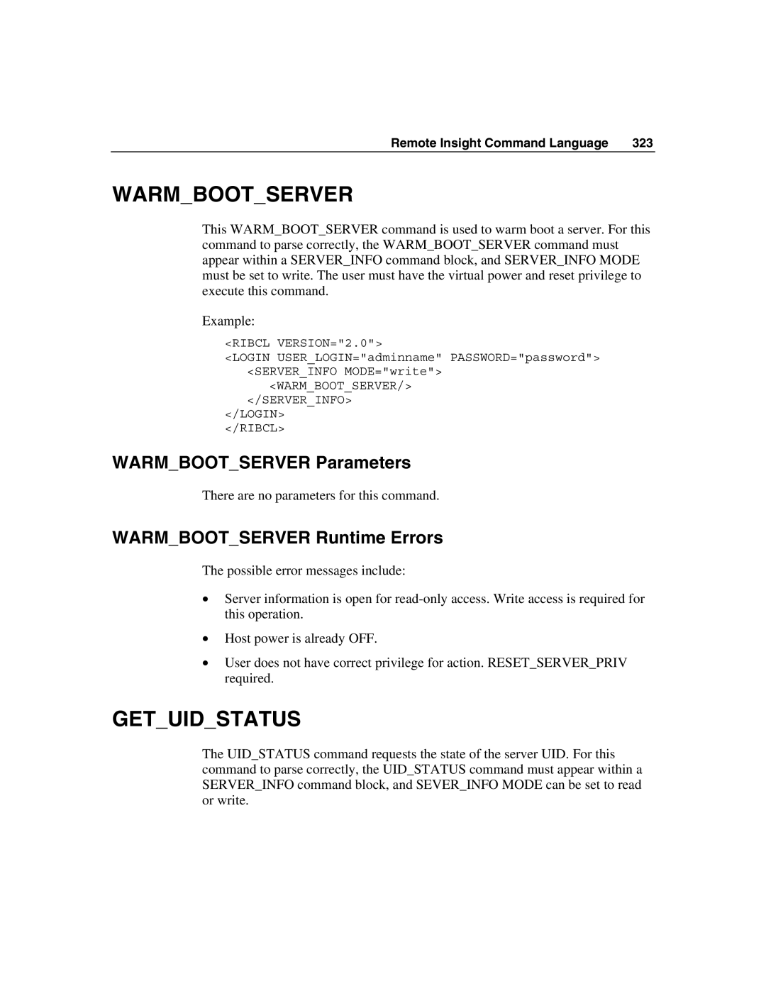 HP Integrated Lights-Out manual Getuidstatus, Warmbootserver Parameters, Warmbootserver Runtime Errors 