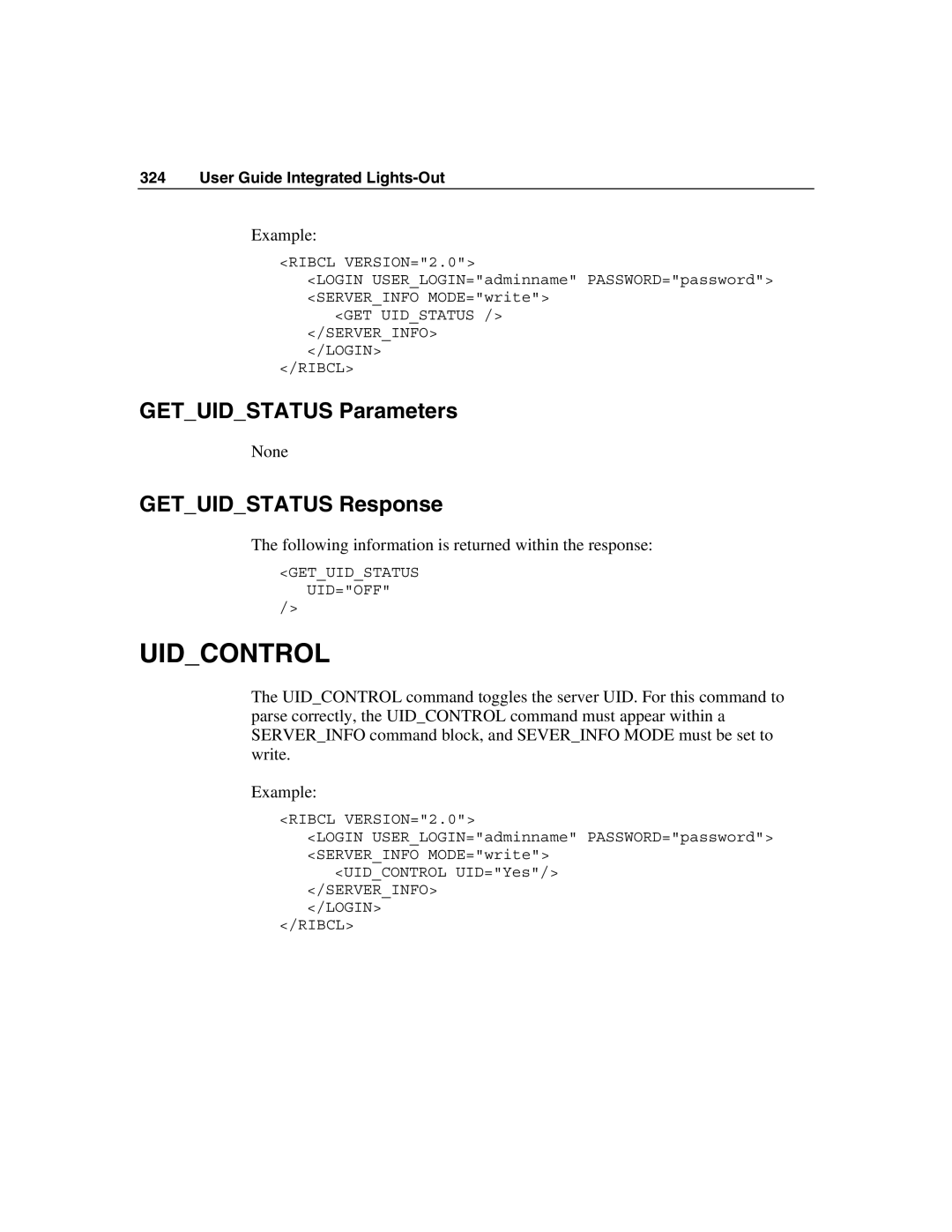 HP Integrated Lights-Out manual Uidcontrol, Getuidstatus Parameters, Getuidstatus Response 