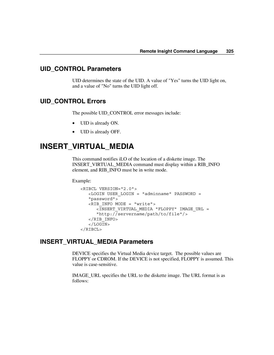 HP Integrated Lights-Out manual Uidcontrol Parameters, Uidcontrol Errors, Insertvirtualmedia Parameters 