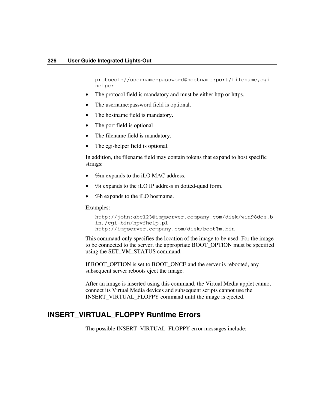 HP Integrated Lights-Out manual Insertvirtualfloppy Runtime Errors 