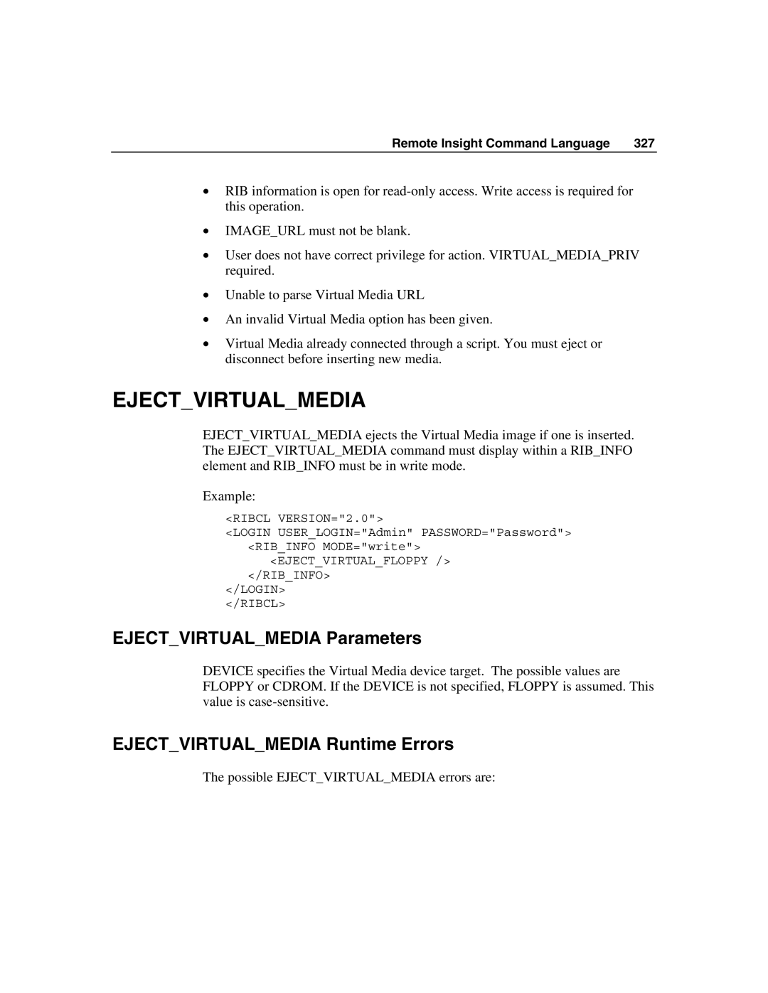 HP Integrated Lights-Out manual Ejectvirtualmedia Parameters, Ejectvirtualmedia Runtime Errors 