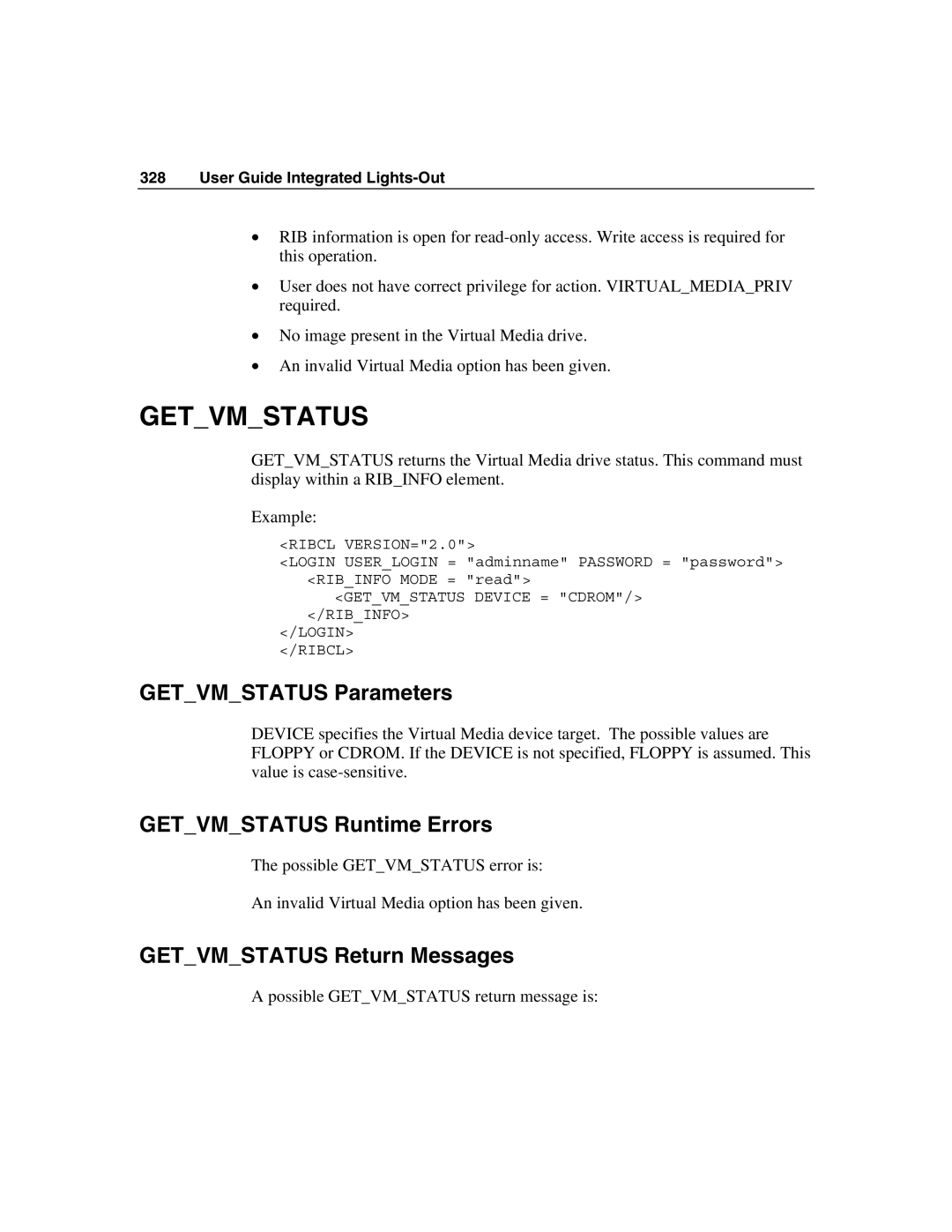 HP Integrated Lights-Out manual Getvmstatus Parameters, Getvmstatus Runtime Errors, Getvmstatus Return Messages 