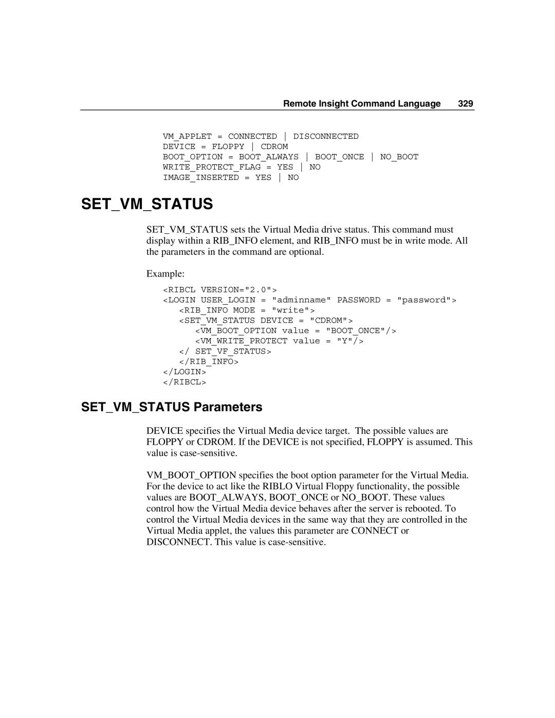 HP Integrated Lights-Out manual Setvmstatus Parameters 