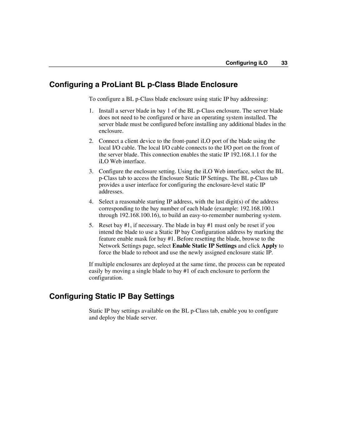 HP Integrated Lights-Out manual Configuring a ProLiant BL p-Class Blade Enclosure, Configuring Static IP Bay Settings 