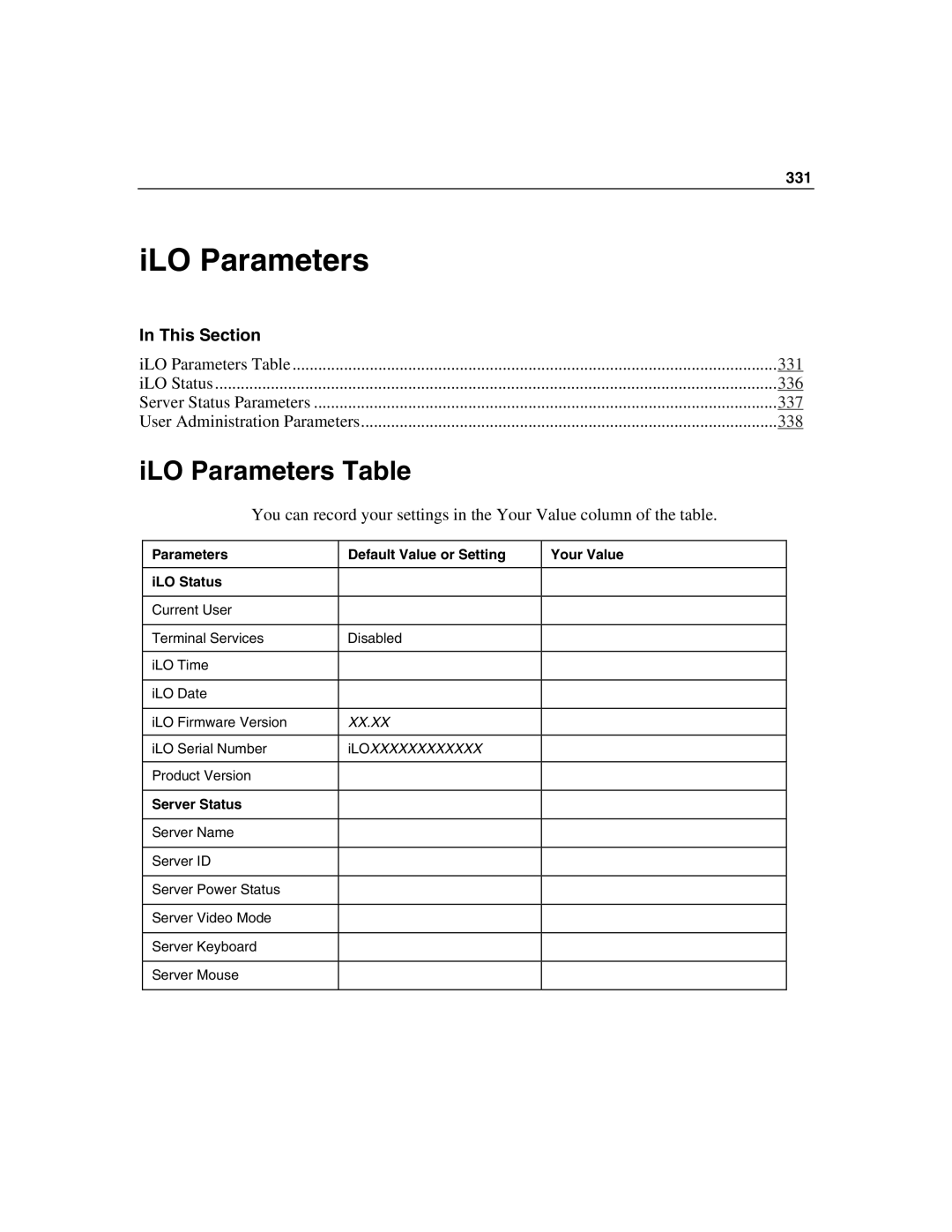 HP Integrated Lights-Out manual ILO Parameters Table 