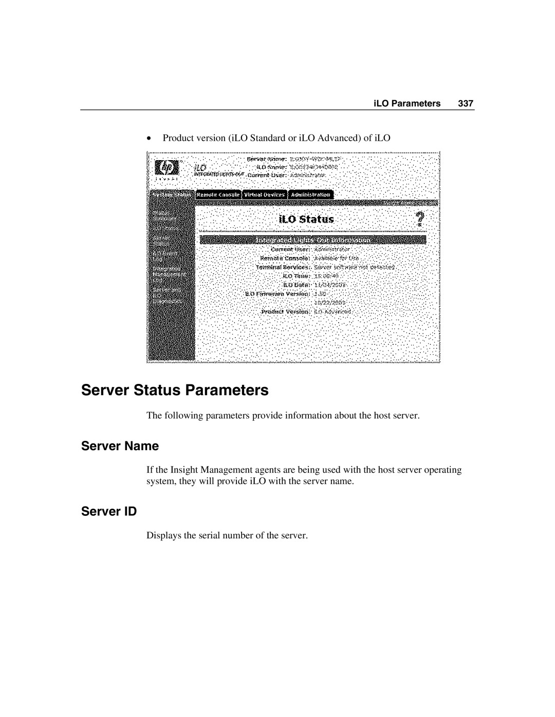 HP Integrated Lights-Out manual Server Status Parameters, Server Name, Server ID 