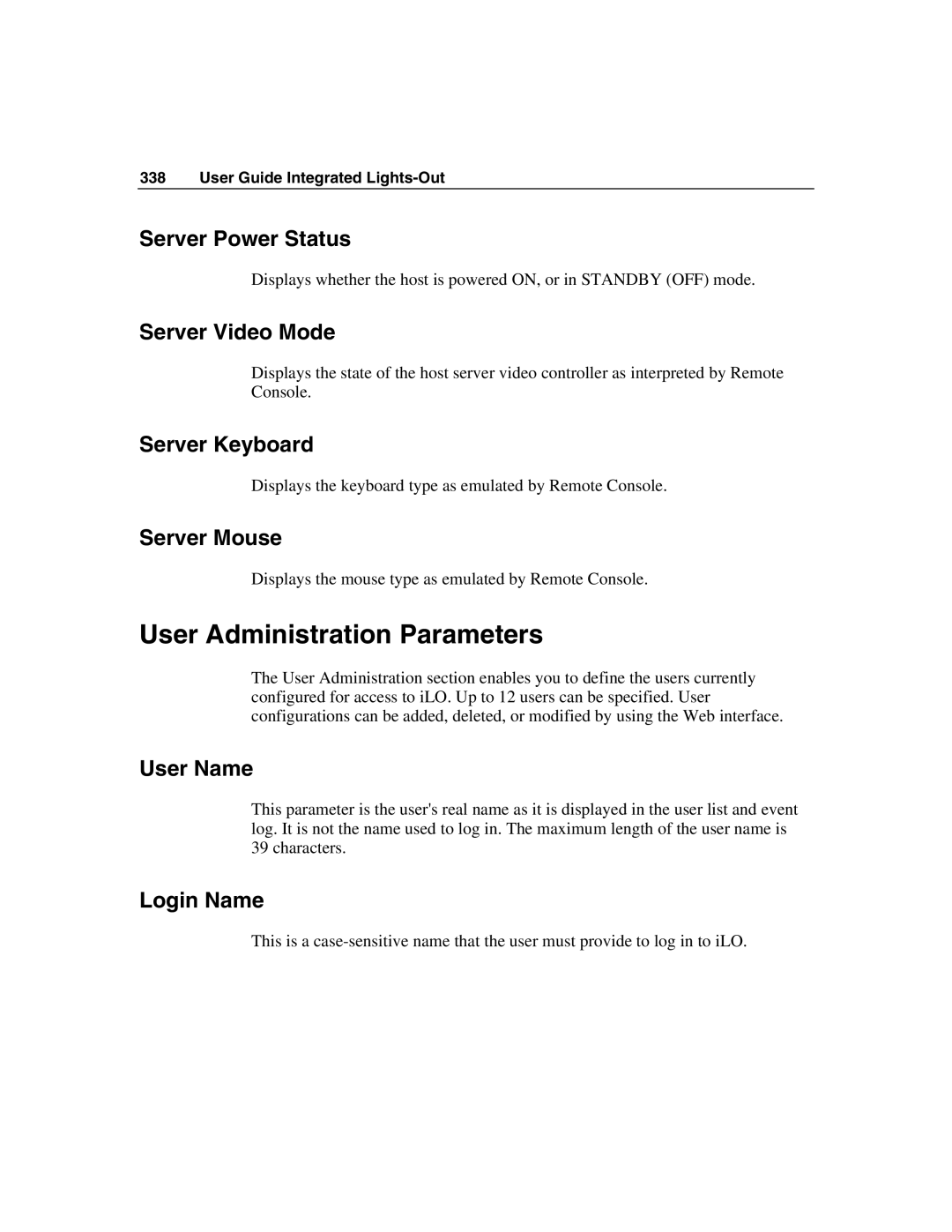 HP Integrated Lights-Out manual User Administration Parameters 