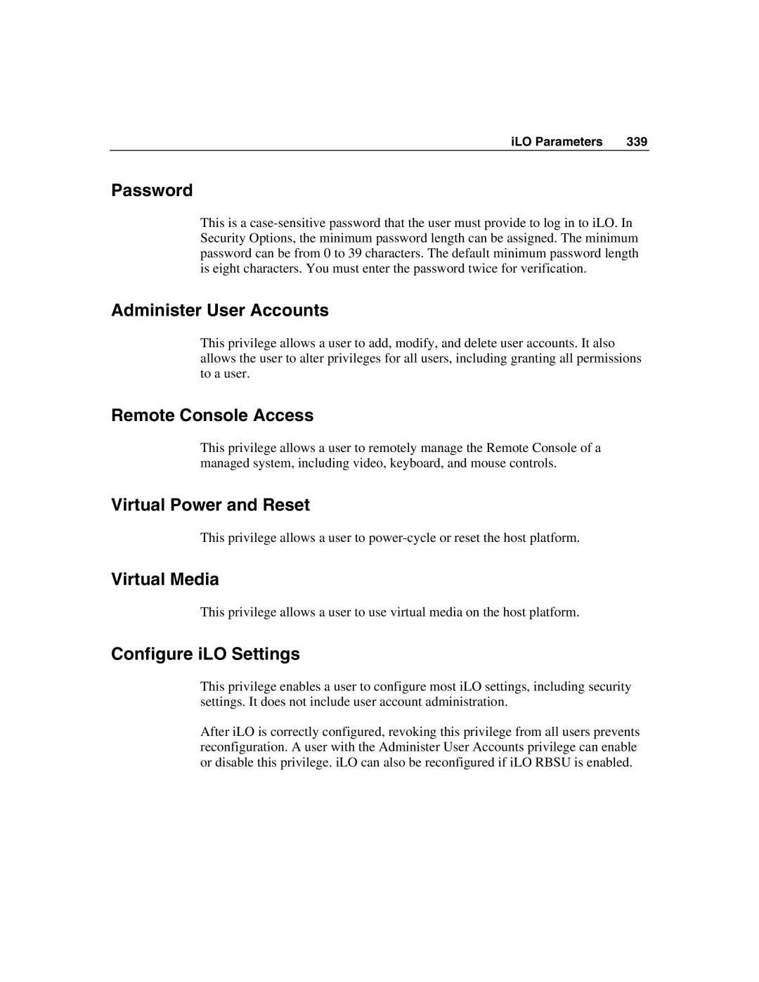 HP Integrated Lights-Out manual Password, Administer User Accounts, Remote Console Access, Virtual Power and Reset 