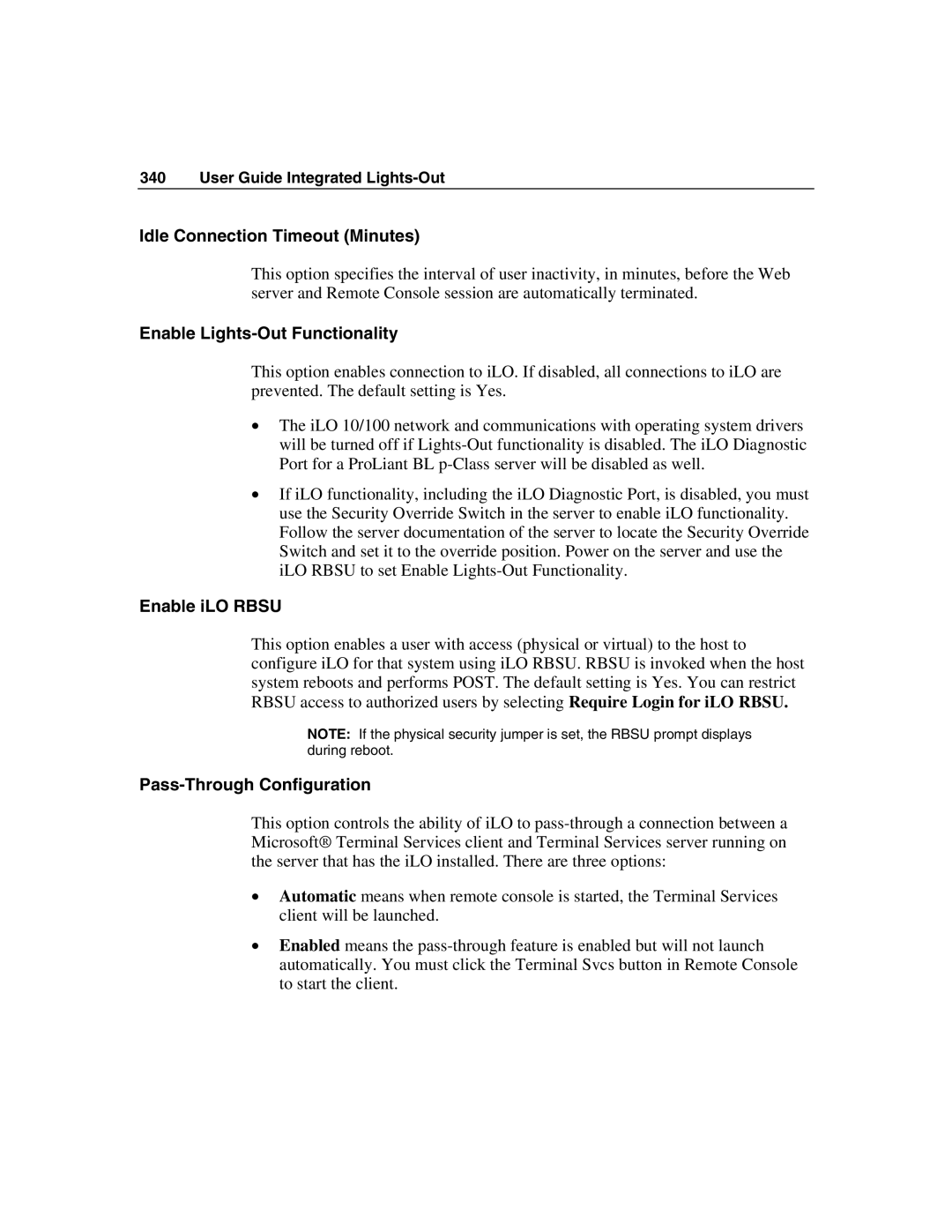 HP Integrated Lights-Out manual Idle Connection Timeout Minutes, Enable Lights-Out Functionality, Enable iLO Rbsu 