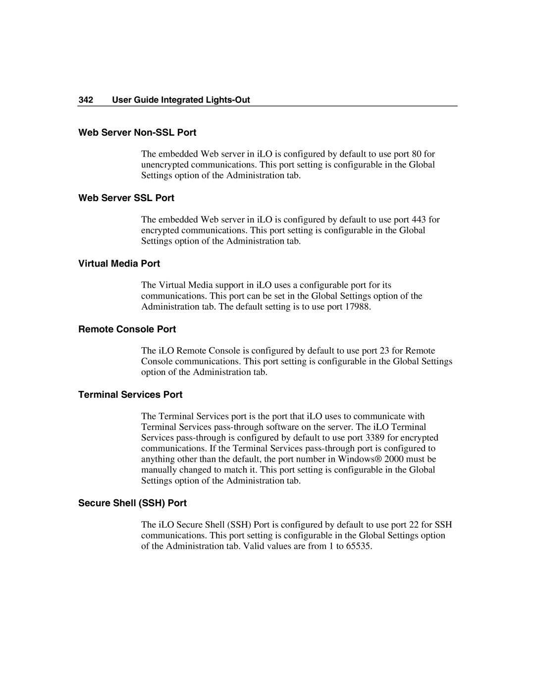 HP Integrated Lights-Out manual Web Server Non-SSL Port, Web Server SSL Port, Virtual Media Port, Remote Console Port 