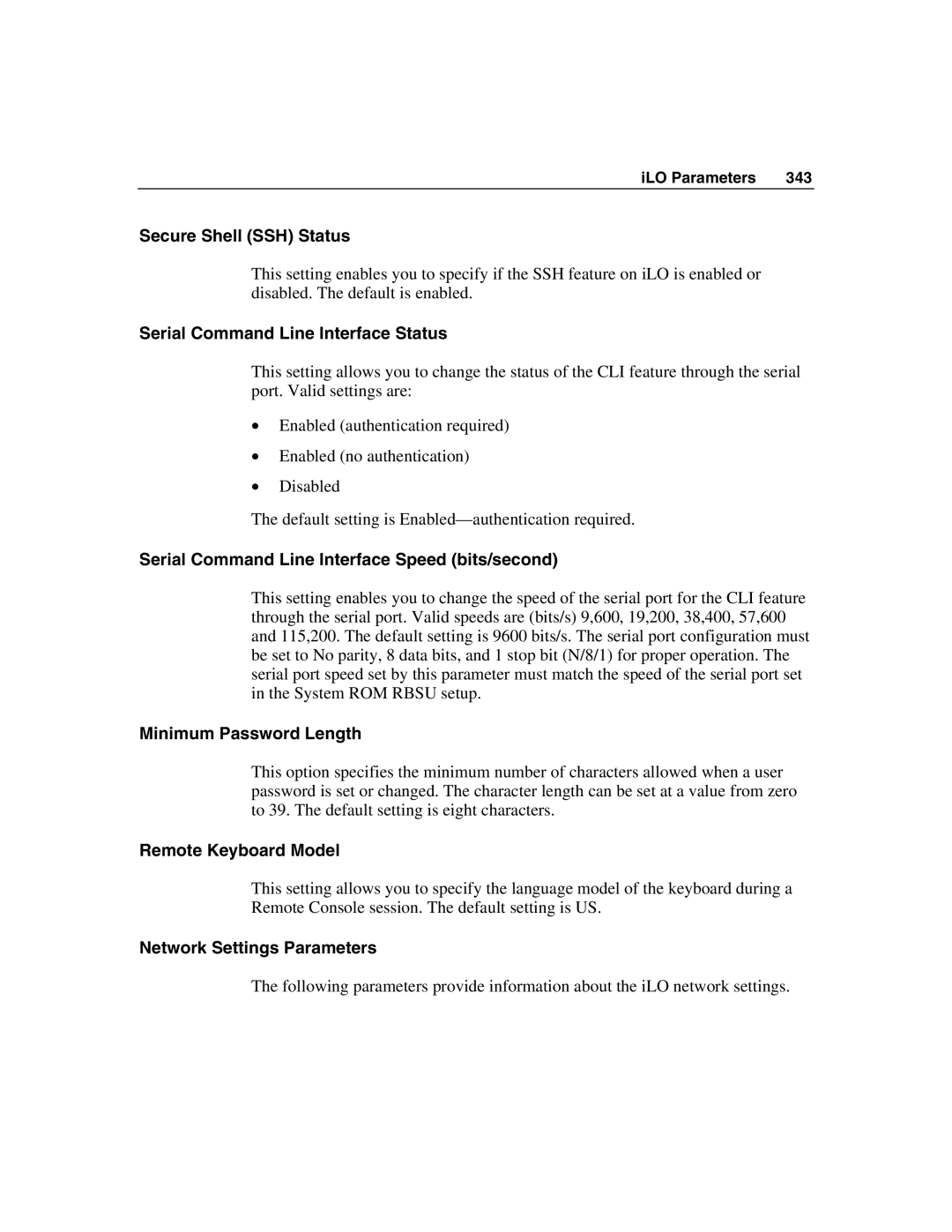 HP Integrated Lights-Out manual Secure Shell SSH Status, Serial Command Line Interface Status, Minimum Password Length 