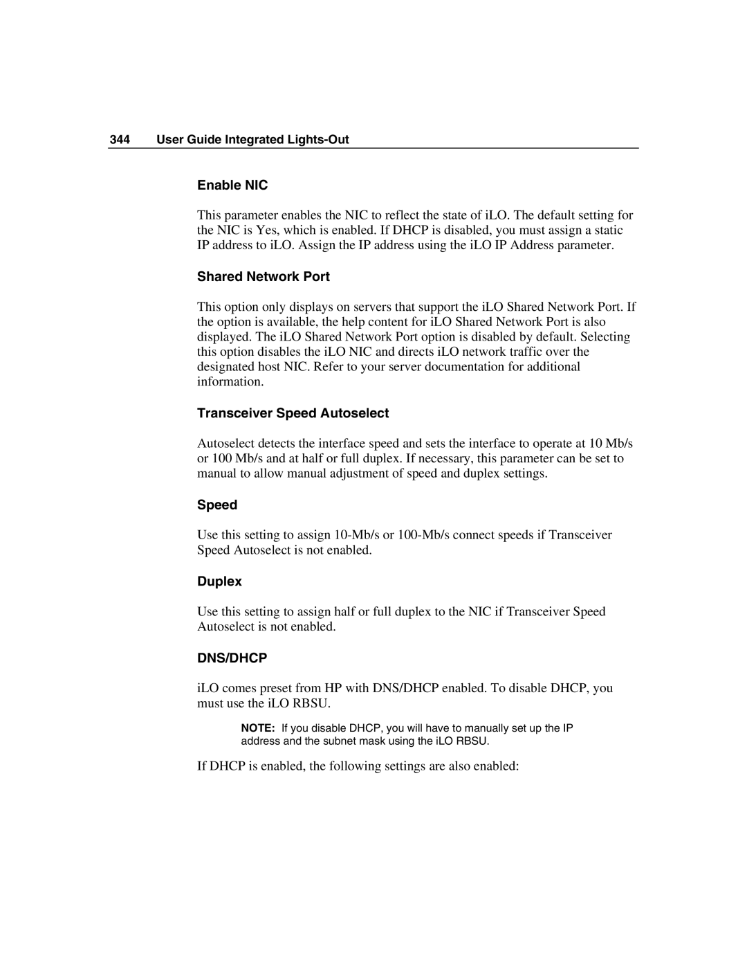 HP Integrated Lights-Out manual Enable NIC, Shared Network Port, Transceiver Speed Autoselect, Duplex 