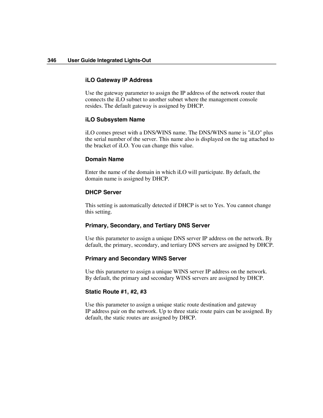 HP Integrated Lights-Out ILO Gateway IP Address, ILO Subsystem Name, Domain Name, Dhcp Server, Static Route #1, #2, #3 