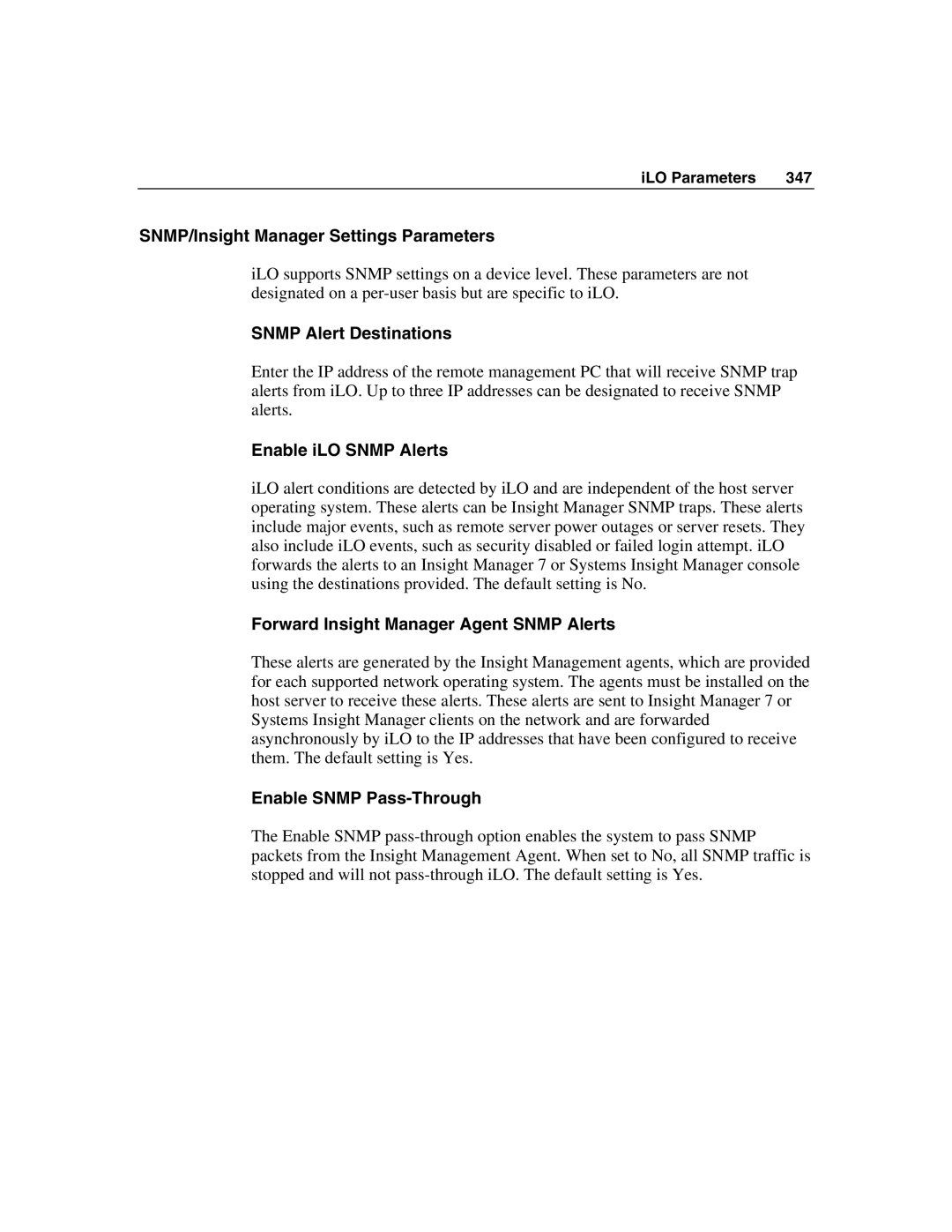 HP Integrated Lights-Out manual SNMP/Insight Manager Settings Parameters, Snmp Alert Destinations, Enable iLO Snmp Alerts 