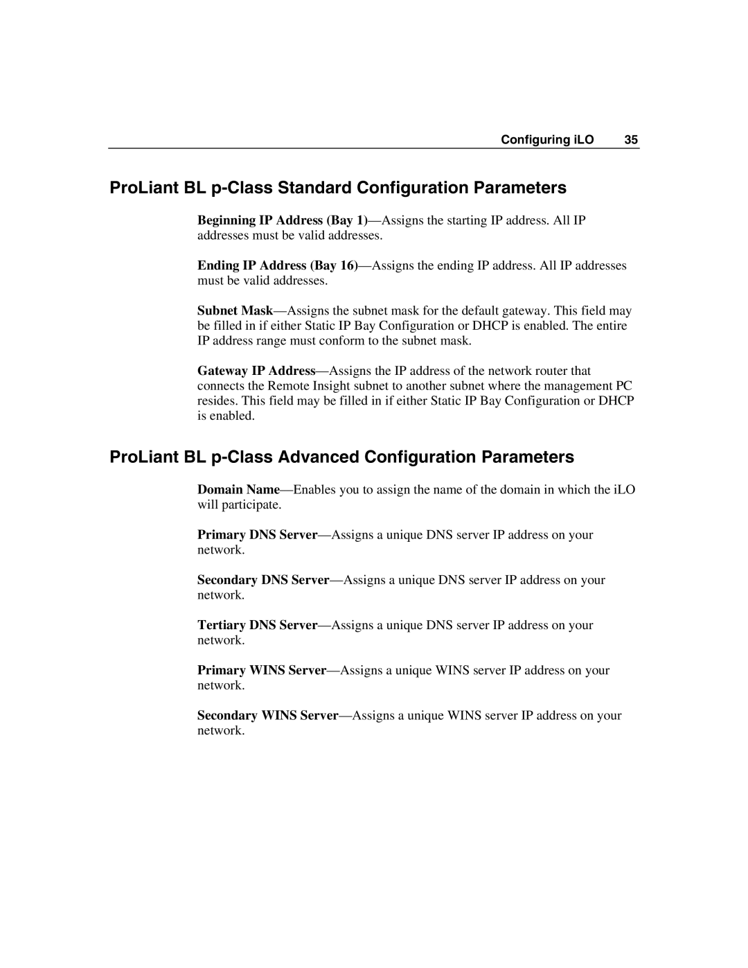 HP Integrated Lights-Out manual ProLiant BL p-Class Standard Configuration Parameters 