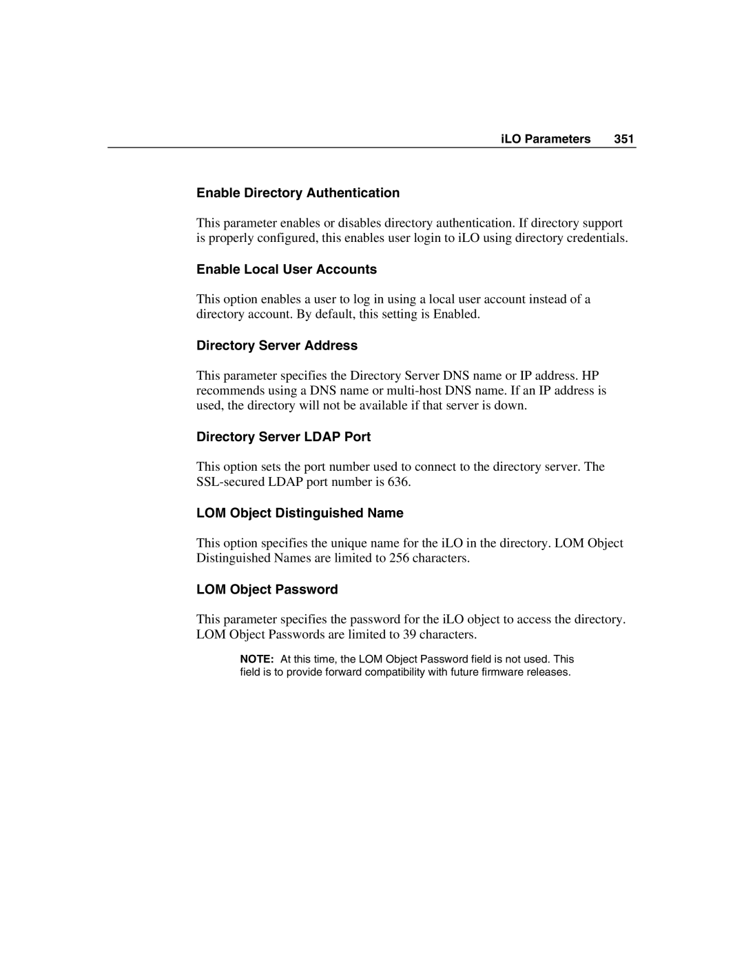 HP Integrated Lights-Out manual Enable Directory Authentication, Enable Local User Accounts, Directory Server Address 