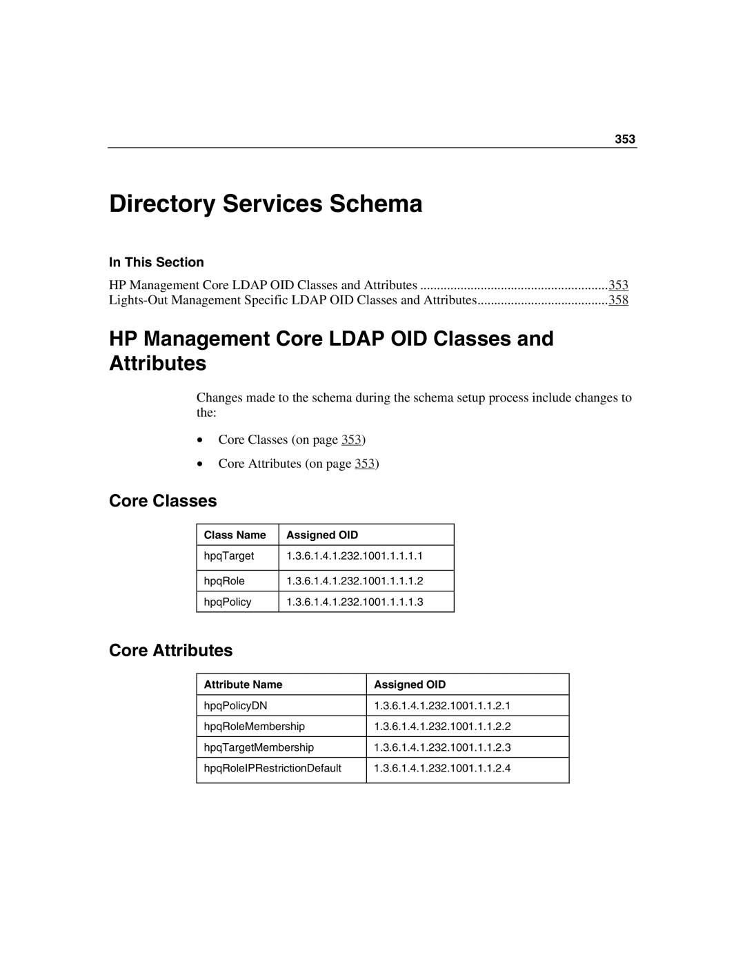 HP Integrated Lights-Out manual Directory Services Schema, HP Management Core Ldap OID Classes and Attributes, Core Classes 