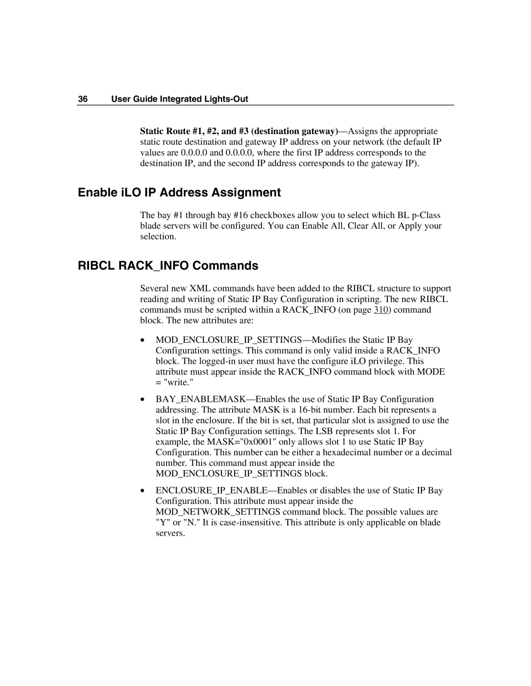 HP Integrated Lights-Out manual Enable iLO IP Address Assignment, Ribcl Rackinfo Commands 