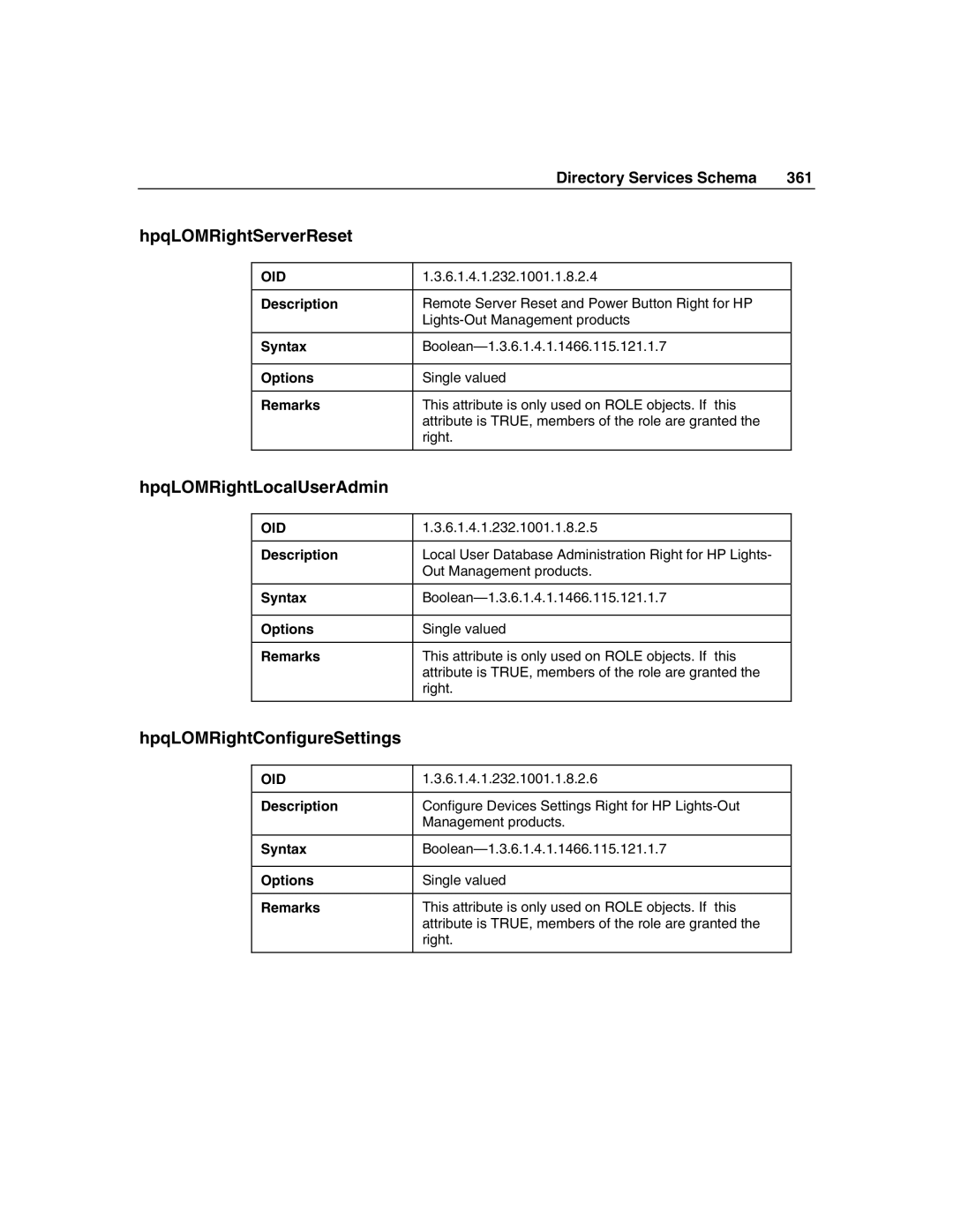 HP Integrated Lights-Out manual HpqLOMRightServerReset, HpqLOMRightLocalUserAdmin, HpqLOMRightConfigureSettings 