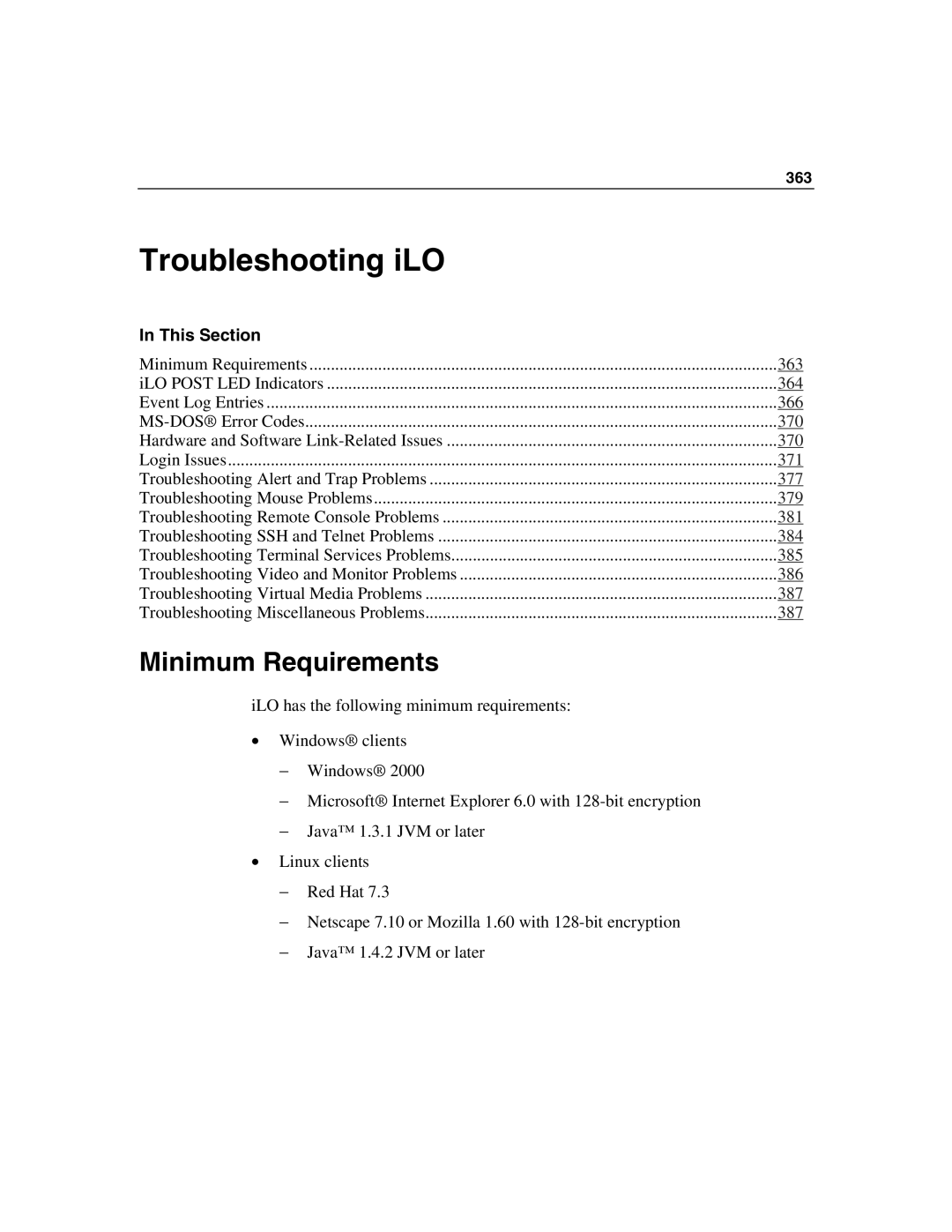 HP Integrated Lights-Out manual Troubleshooting iLO, Minimum Requirements 