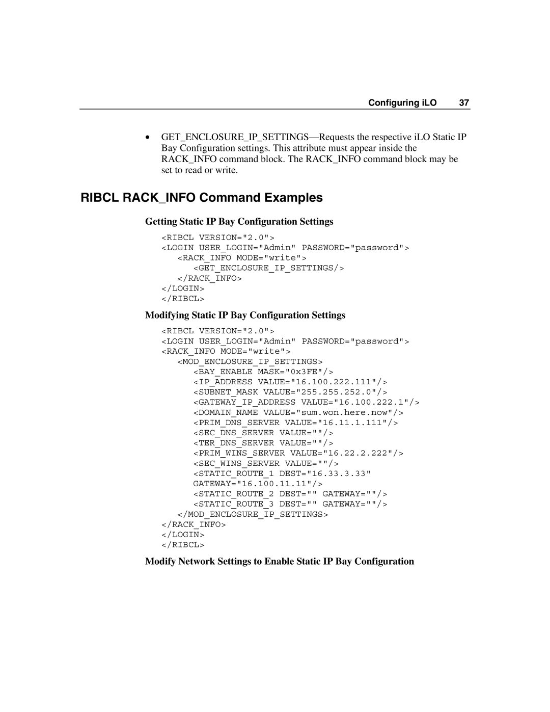 HP Integrated Lights-Out manual Ribcl Rackinfo Command Examples, Getting Static IP Bay Configuration Settings 