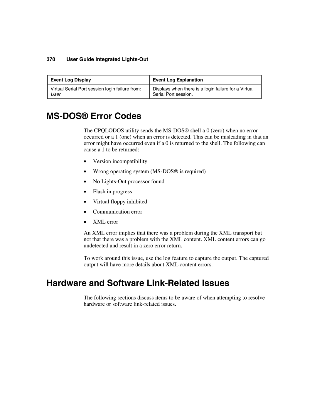 HP Integrated Lights-Out manual MS-DOS Error Codes, Hardware and Software Link-Related Issues 