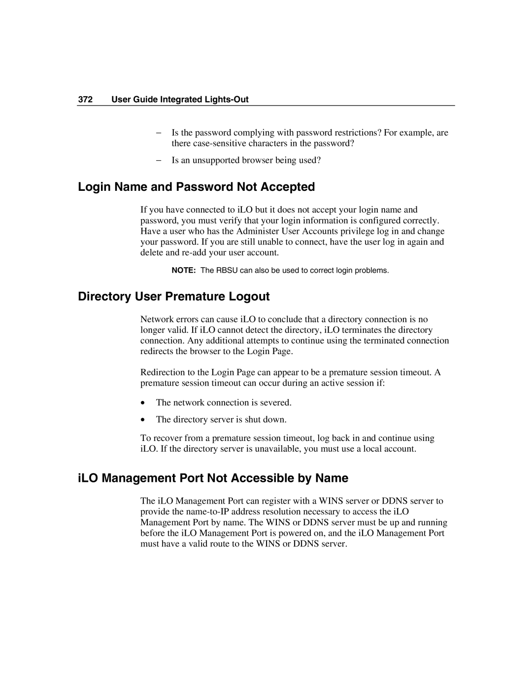 HP Integrated Lights-Out manual Login Name and Password Not Accepted, Directory User Premature Logout 