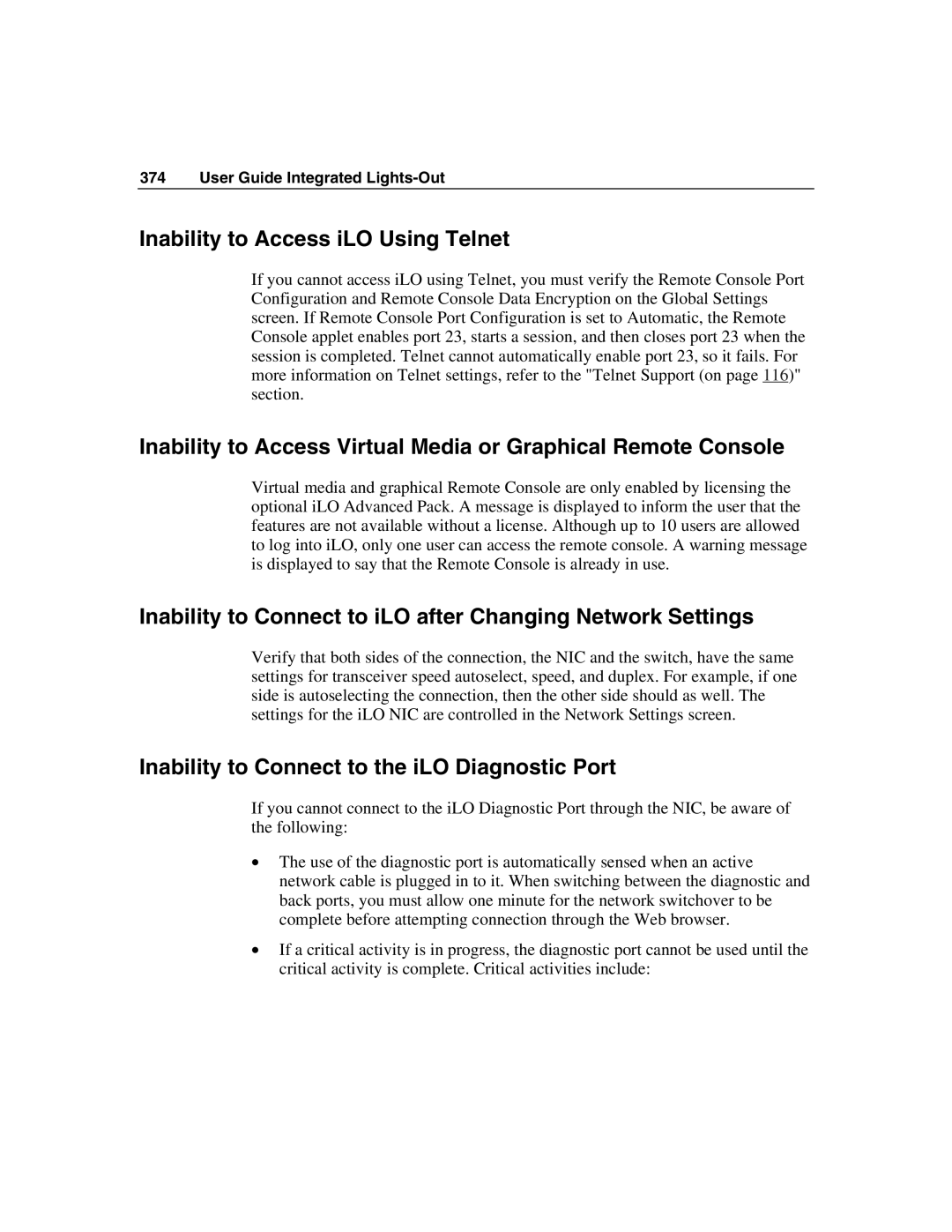 HP Integrated Lights-Out Inability to Access iLO Using Telnet, Inability to Connect to iLO after Changing Network Settings 