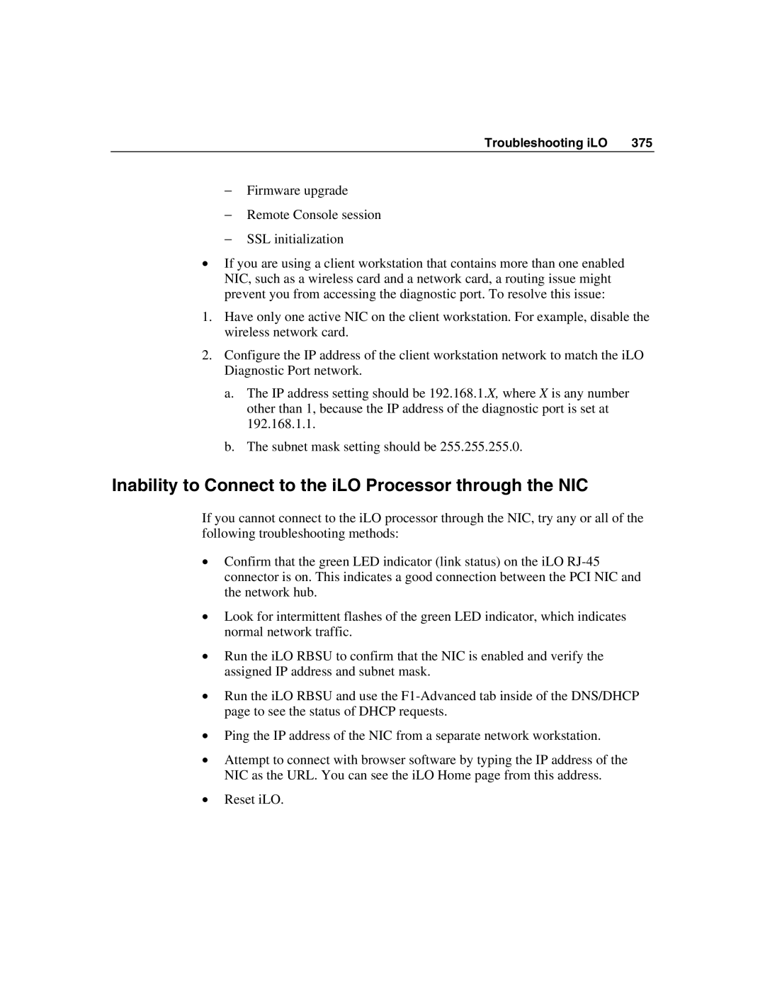 HP Integrated Lights-Out manual Inability to Connect to the iLO Processor through the NIC 