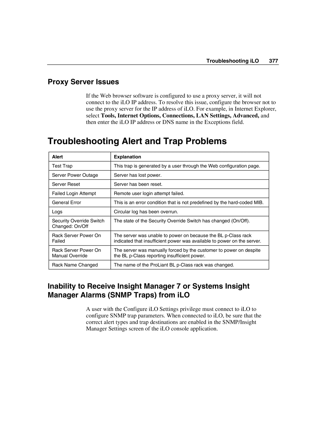 HP Integrated Lights-Out manual Troubleshooting Alert and Trap Problems, Proxy Server Issues 