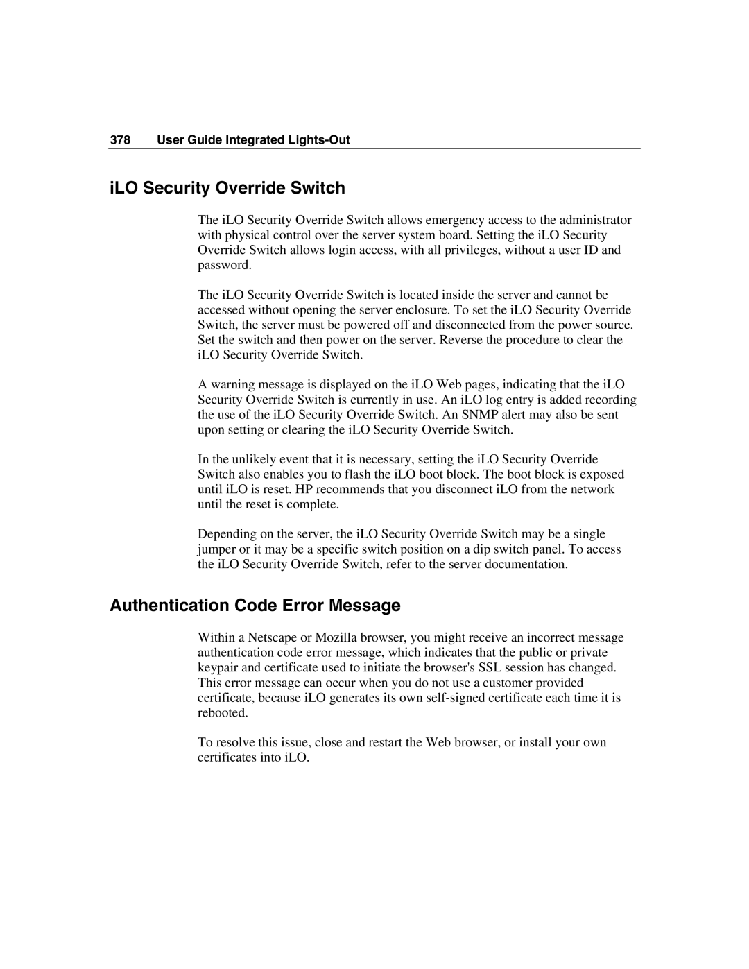 HP Integrated Lights-Out manual ILO Security Override Switch, Authentication Code Error Message 