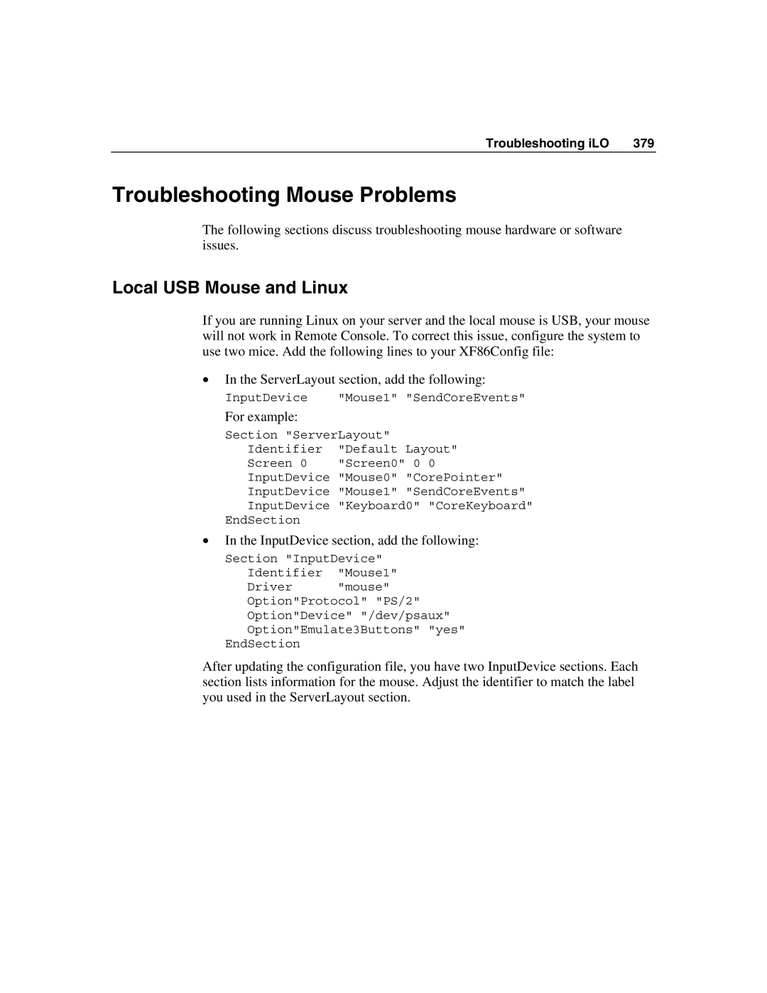 HP Integrated Lights-Out manual Troubleshooting Mouse Problems, Local USB Mouse and Linux 