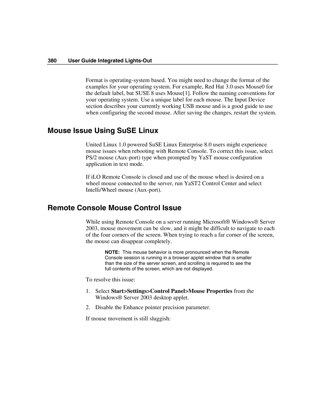HP Integrated Lights-Out manual Mouse Issue Using SuSE Linux, Remote Console Mouse Control Issue 