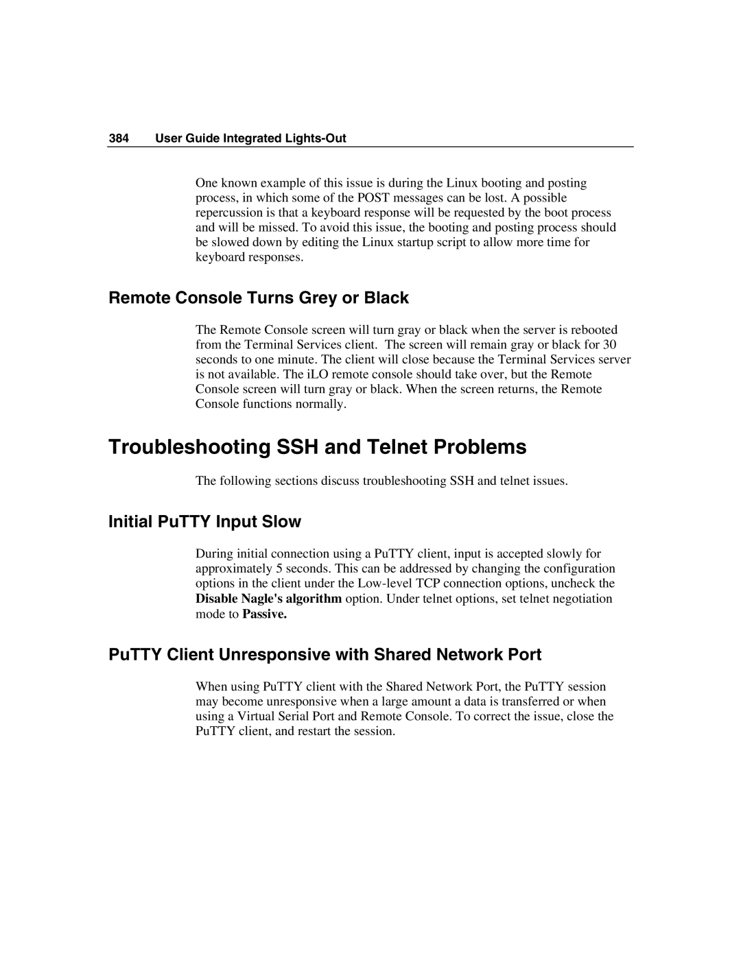 HP Integrated Lights-Out manual Troubleshooting SSH and Telnet Problems, Remote Console Turns Grey or Black 