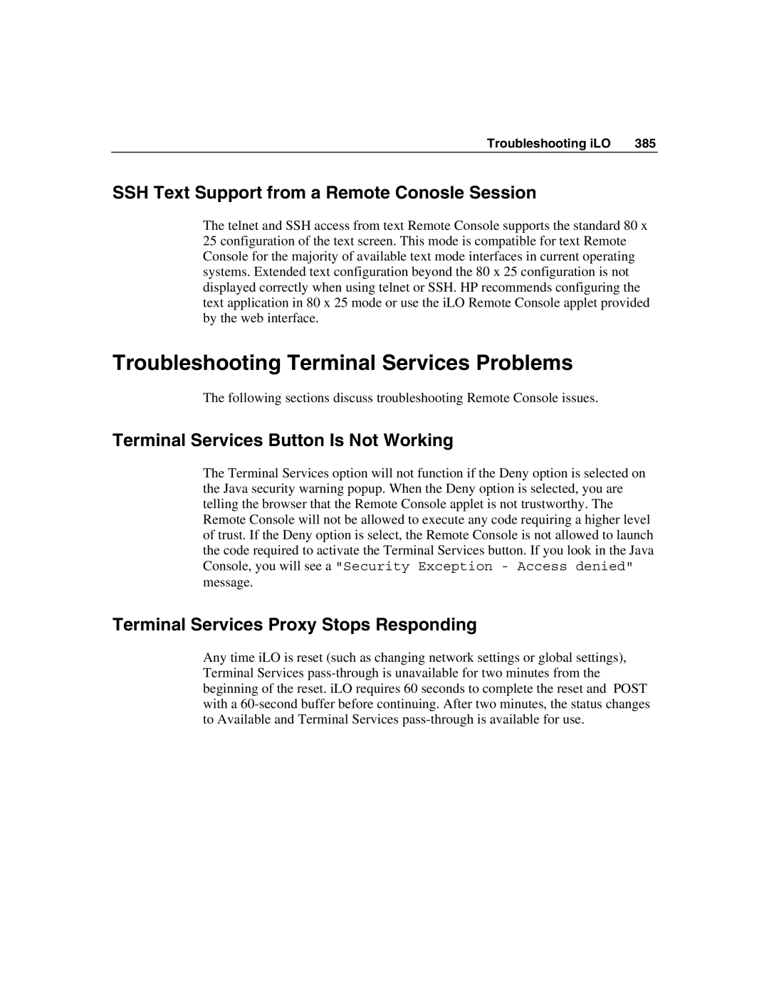 HP Integrated Lights-Out manual Troubleshooting Terminal Services Problems, SSH Text Support from a Remote Conosle Session 