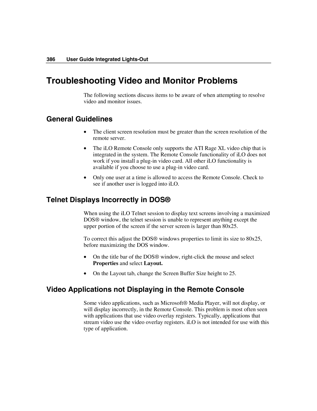 HP Integrated Lights-Out manual Troubleshooting Video and Monitor Problems, General Guidelines 