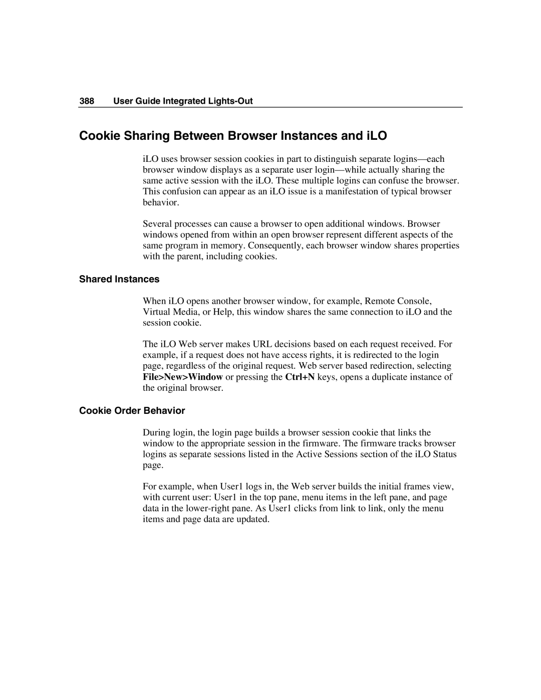 HP Integrated Lights-Out manual Cookie Sharing Between Browser Instances and iLO, Shared Instances, Cookie Order Behavior 